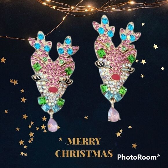 Cb#1 REINDEER RHINESTONE CHRISTMAS EARRINGS - Picture 1 of 6